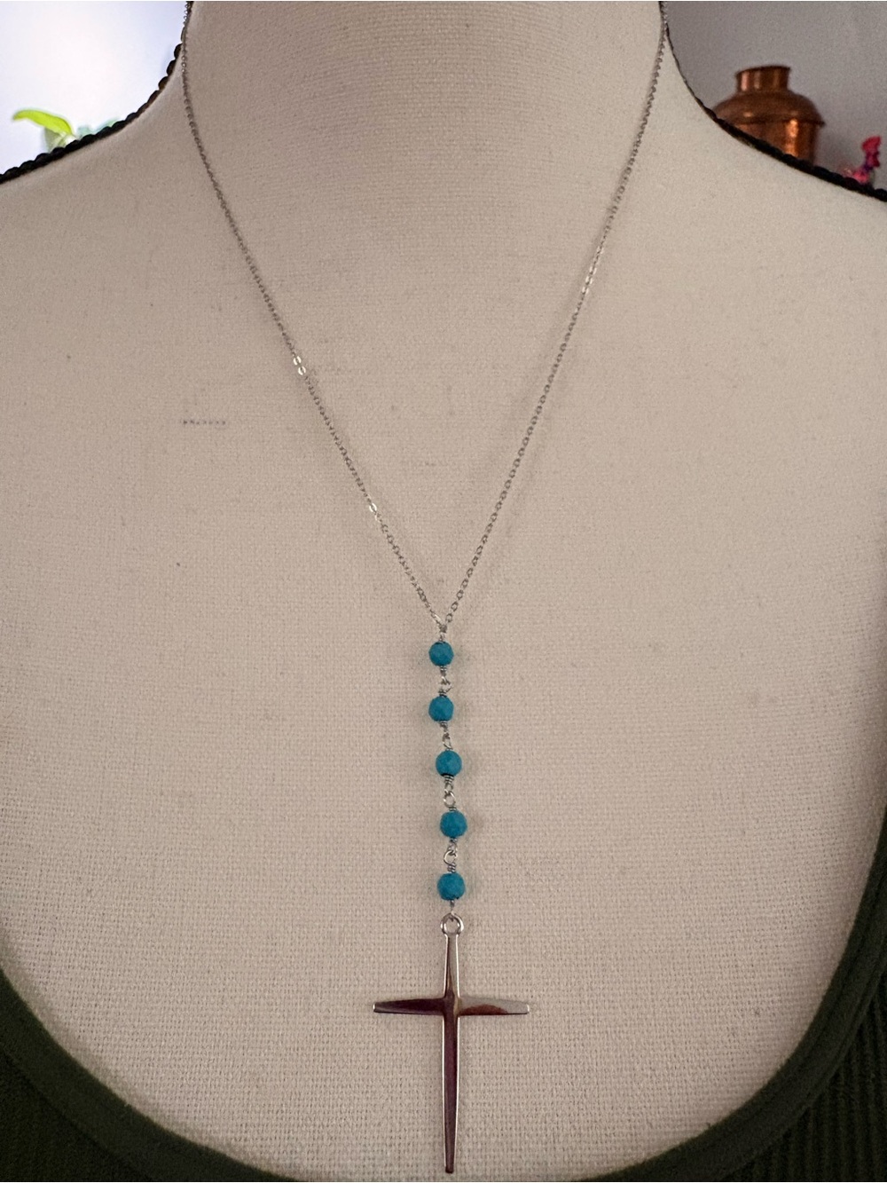 Sterling Silver Turquoise Lariat Cross Necklace